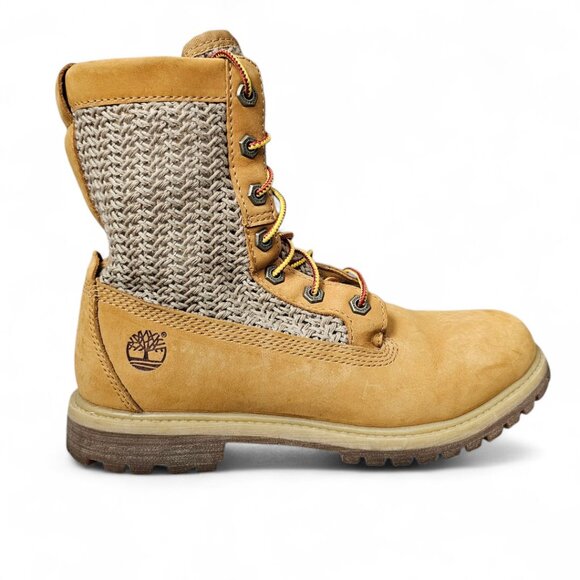 TIMBERLAND Women's Open Weave Knit Mesh Nubuck Wheat Crochet Tan Combat Boots - Picture 1 of 12